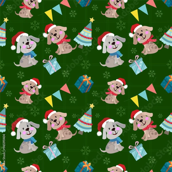 Obraz Cute dog gift box christmas tree on green color background pattern