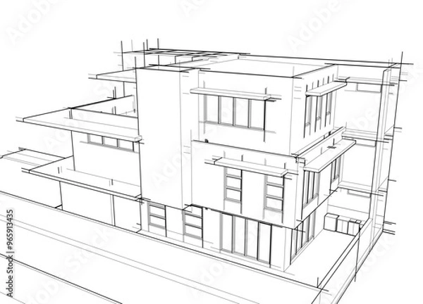 Fototapeta Architectural sketch of a building 3d illustration