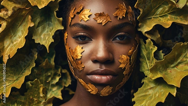 Obraz The portrait features a young African American girl, a photo model, set against a backdrop of autumn leaves, with her face decorated with golden leaves.