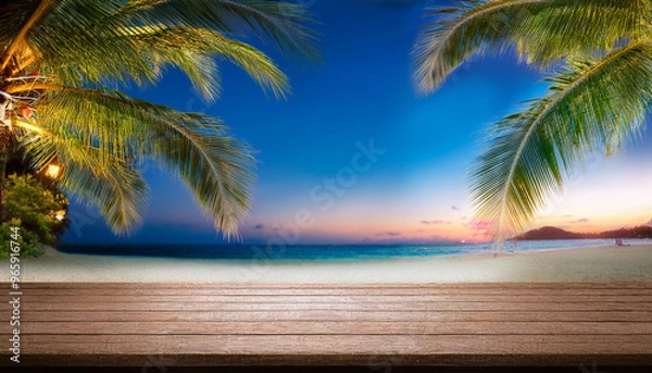 Fototapeta The warm glow of the sunset illuminates a wooden table by the water. Great for creating a peaceful atmosphere in your projects.
