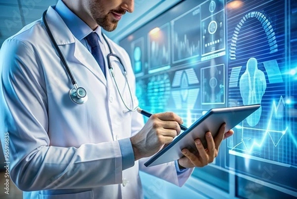 Fototapeta male doctor using advanced medical technology tablet to improve patient diagnosis and treatment in a high tech modern healthcare facility environment
