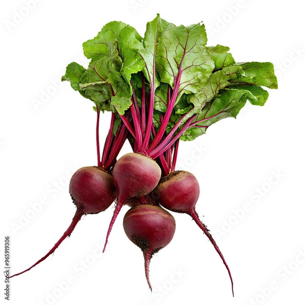 Fototapeta A bunch of fresh beets with their leafy greens, ready to be used in a delicious recipe.