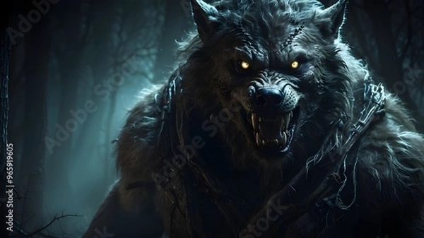 Fototapeta A terrifying werewolf is captured on camera by a night vision device.