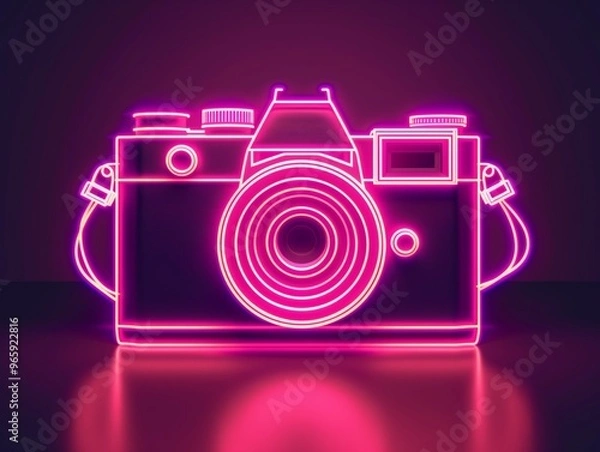 Obraz A minimalist white neon camera icon glowing brightly on a black background with clean, bold lines