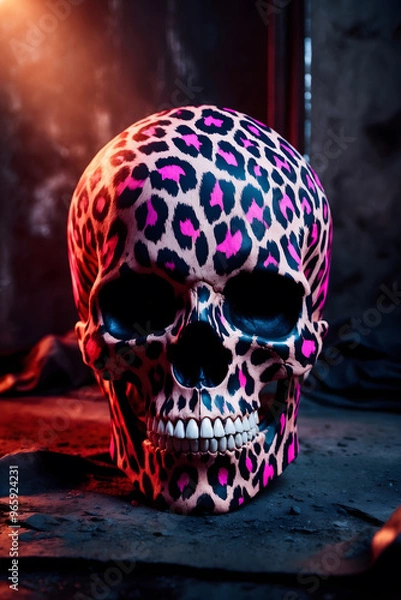 Fototapeta A brightly painted leopard print skull displayed on a rustic surface with warm light illuminating the unique design in an artistic setting