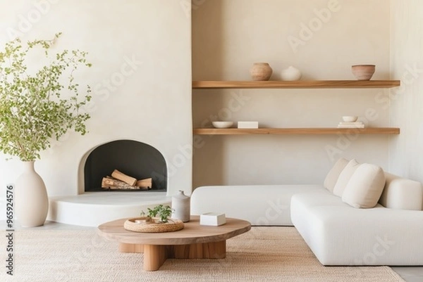 Fototapeta living room with an organic modern design, showcasing a curved stone fireplace as the focal point, with floating wooden shelves on either side