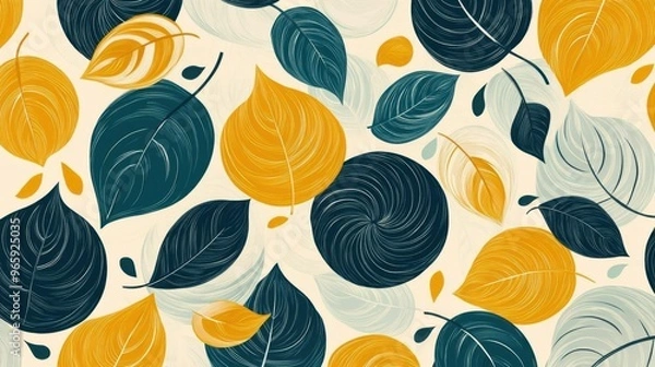 Fototapeta Flowing swirl patterns combined with leaves, seamless repeat, organic and dynamic, illustration seamless pattern fabric, no blur, photo not dark, everything is clear, copy space