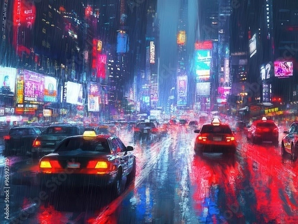 Obraz bustling cityscape at dusk rainslicked streets reflecting neon lights bumpertobumper traffic stretching into the distance windshield wipers in motion