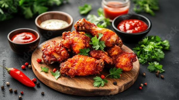 Fototapeta A plate of spicy buffalo chicken wings garnished with parsley, served with dipping sauces, set on a dark background.