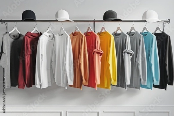Fototapeta Colorful Hoodies and Caps Hanging on a Rack in a Fashionable Store Display