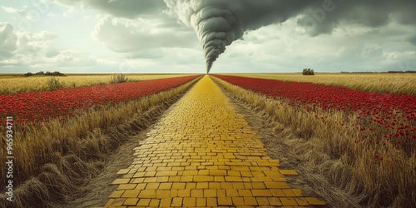 Obraz A yellow brick road, empty. Poppies and wheat stretch to the horizon where a tornado spins in the sky. The classic elements of the Wizard film and story - Kansas.