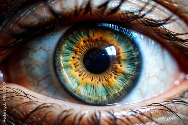 Fototapeta A close-up portrait of a single eye, showcasing intricate details like the iris, pupil, and eyelashes.