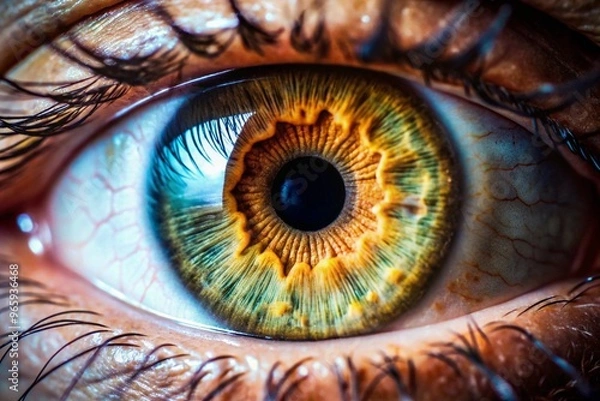 Fototapeta A close-up portrait of a single eye, showcasing intricate details like the iris, pupil, and eyelashes.