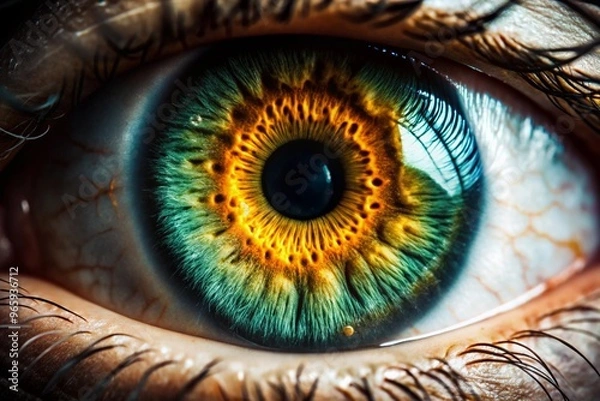 Fototapeta A close-up portrait of a single eye, showcasing intricate details like the iris, pupil, and eyelashes.
