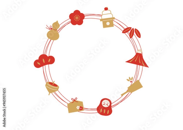 Obraz お正月の縁起物円形フレーム（干支なし）