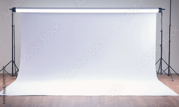 Obraz A white backdrop stands ready for a photoshoot in a studio setting