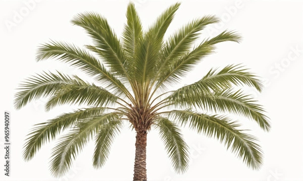 Fototapeta A tall palm tree with long, green fronds stands against a white background