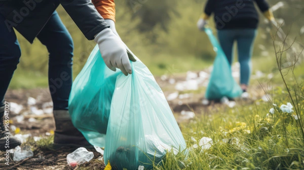 Fototapeta unrecognizable human cleans the park of garbage. Unrecognizable young volunteer collects garbage in  park.