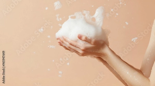 Fototapeta cropped view of female hands in soap foam isolated on beige