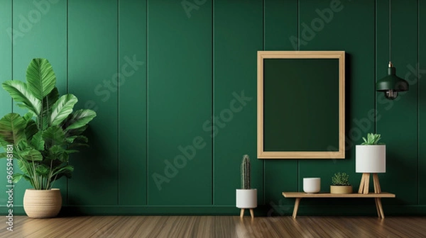 Fototapeta Modern interior with green wall adorned with wooden frame, potted plants, a small wooden bench, and a pendant lamp. Minimalist design with earthy elements.