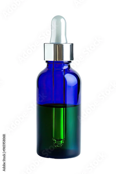 Fototapeta A glass dropper bottle with a silver top filled with a green liquid.
