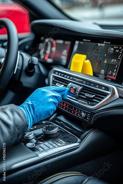 Fototapeta Car dashboard being wiped down with interior cleaner