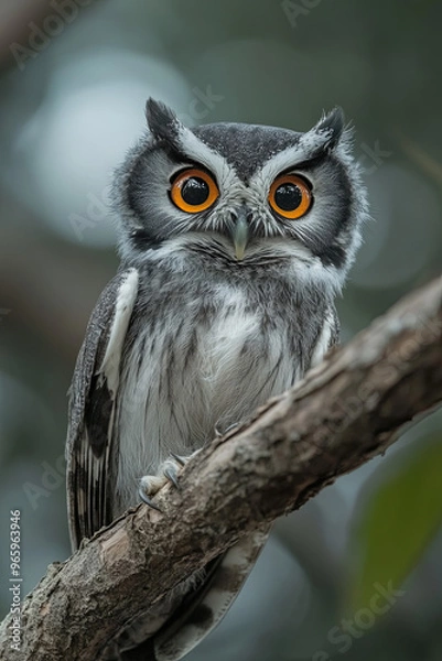 Fototapeta Owl with piercing eyes perched on a tree branch at dusk