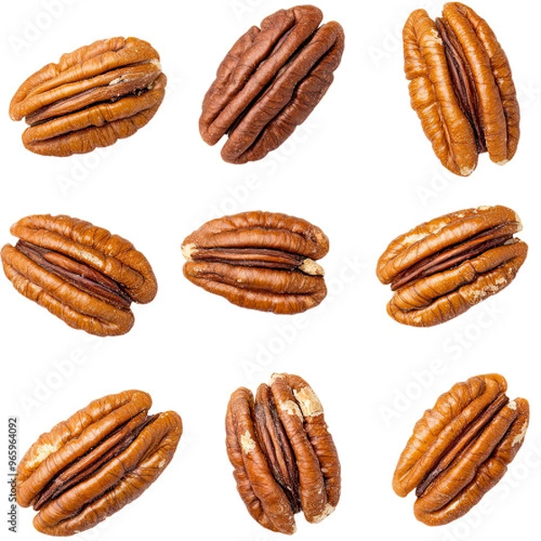 Fototapeta A collection of pecan nuts, arranged in a grid pattern, against a black background.