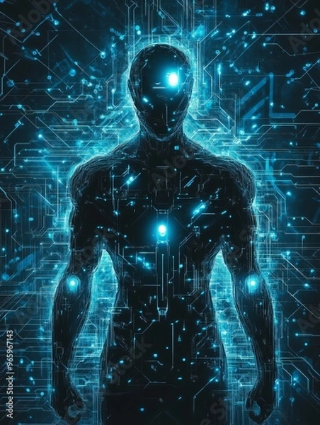 Fototapeta A digital rendering of a human figure with glowing blue lines forming a circuit board pattern around the figure.