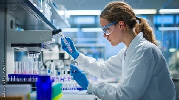 Obraz Lab technician analyzing DNA samples, modern equipment with a background of high-tech lab, focused and methodical approach