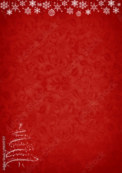 Fototapeta Red Christmas background with tree and decorations with copy space