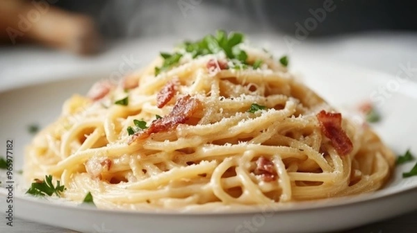 Obraz Steaming plate of spaghetti carbonara with crispy bacon and a sprinkle of Parmesan, rich creamy sauce, garnished with parsley, mouth-watering presentation