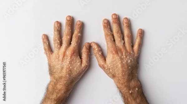 Fototapeta Male hands affected by blistering rash because of monkeypox or other viral infection on white background