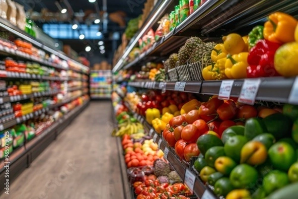 Fototapeta Vibrant grocery store aisle with an array of fresh produce and wholesome foods