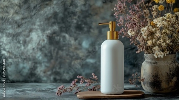 Obraz Empty mockup of a soap dispenser on a modern rustic background in a Scandinavian style.