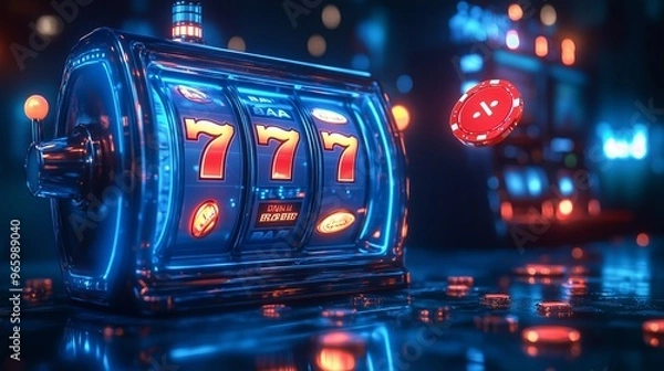 Fototapeta A blue slot machine with three reels, spinning and glowing in the dark background. The numbers on each side of it show "7".