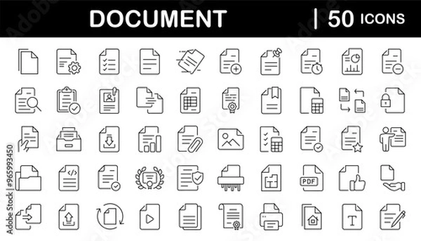 Obraz Document set of web icons in line style. Documents linear icon collection. Containing contract papers, folder, certificate, accept, approved, clipboard, invoice, archive and more. Editable stroke