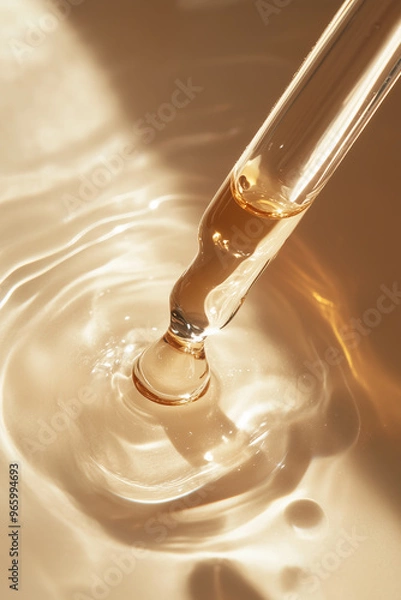 Obraz Macro shot long pipette dropper with pouring transparent  beige or golden serum flat lay on wet background. Cosmetics and skin care ad banner.