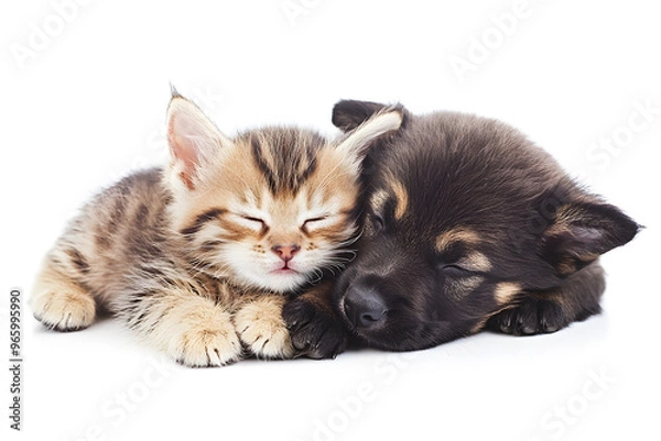 Obraz Cute little kitten and puppy sleeping together