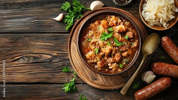 Fototapeta Polish bigos with sauerkraut and sausages, traditional hunter's stew, rich flavors