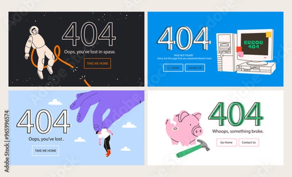 Fototapeta Set of four different banners. Something went wrong. Error 404, page not found, system error concept. Website, browser failure, popping window, problem template. Hand drawn Vector illustration