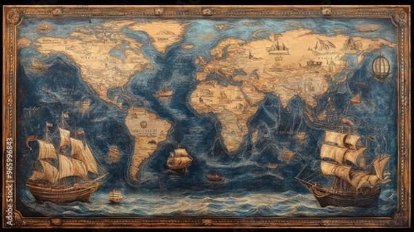 Fototapeta A vintage world map with intricate borders and antique ships illustrated across the oceans.