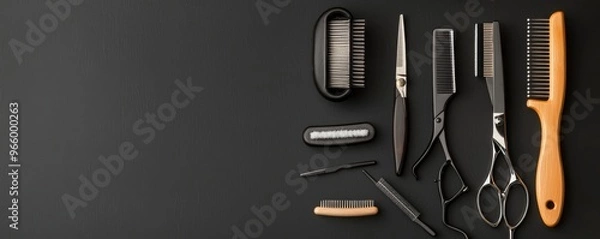 Fototapeta Rustic barbershop tools including clippers, a straight razor, and scissors on a dark backdrop, symbolizing the precision and art of mens grooming