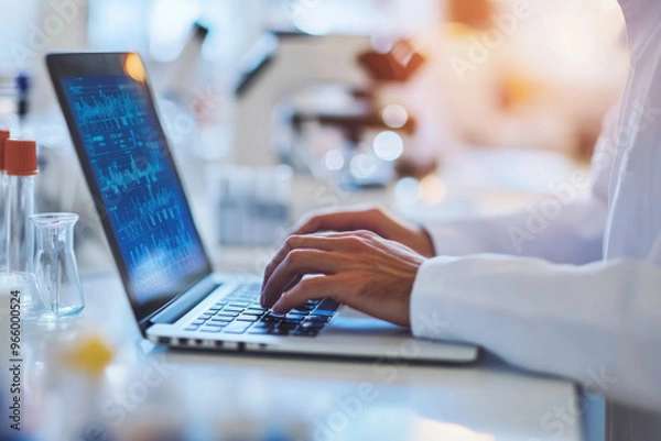 Obraz Scientist working on a laptop in a laboratory, analyzing data with a microscope in the background, modern research environment