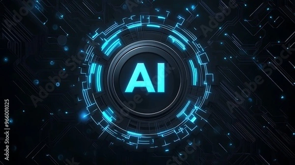 Fototapeta Digital Futuristic Gear Vector Logo with "AI" Letters Surrounded by Glowing Circuits on Black Tech Background - 3D Design