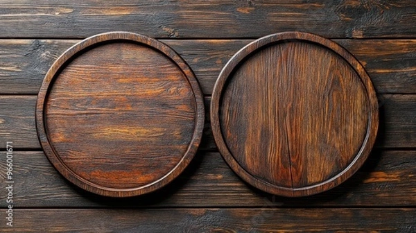 Fototapeta Two rustic wooden plates on a dark wooden background, perfect for food presentation or table decoration in culinary settings.
