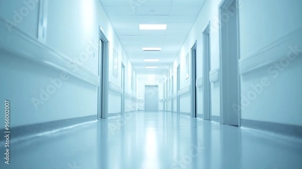 Fototapeta modern healthcare corridor with a clean white hospital hallway and an unfocused background, creating a professional and sterile environment for patient safety and wellness