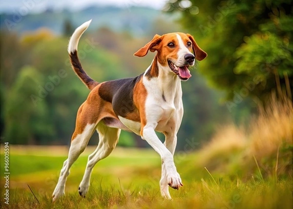Fototapeta A Beautiful English Foxhound Runs With Its Long, Lean Body, Pointed Ears, And Distinctive Coloration In A Scenic Outdoor Setting.