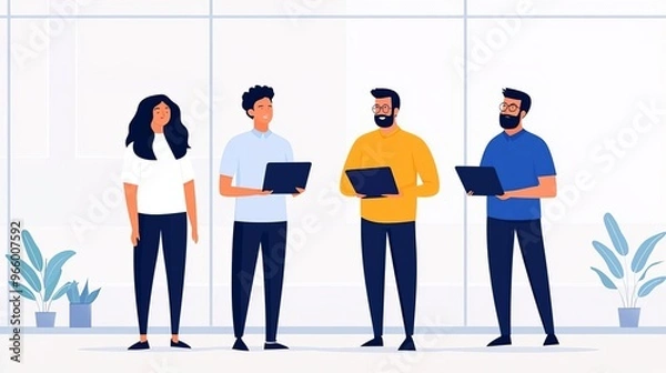 Fototapeta Group of diverse professionals discussing project details in a modern office environment with laptops and plants.