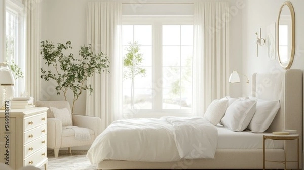 Fototapeta A bright bedroom featuring a double bed, elegant decor, and large windows, offering a peaceful and airy living space.